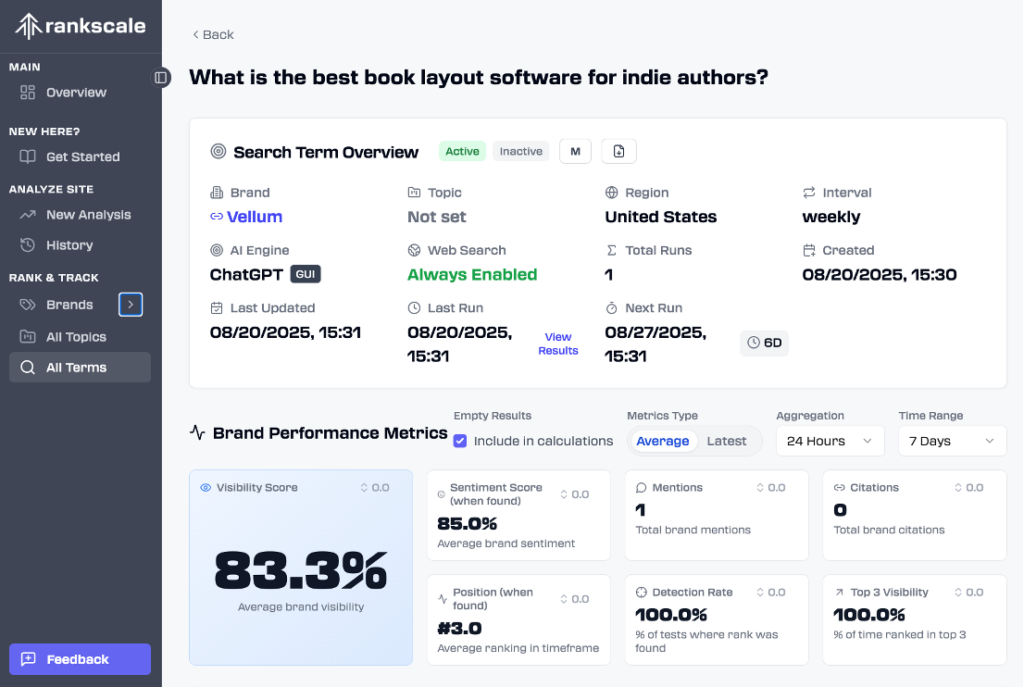 LLM brand visibility audit from Rankscale showing visibility score, sentiment score, and position on ChatGPT