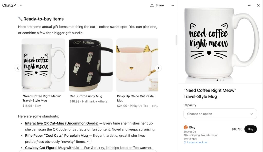 ChatGPT Instant Checkout for a cat-themed coffee mug.