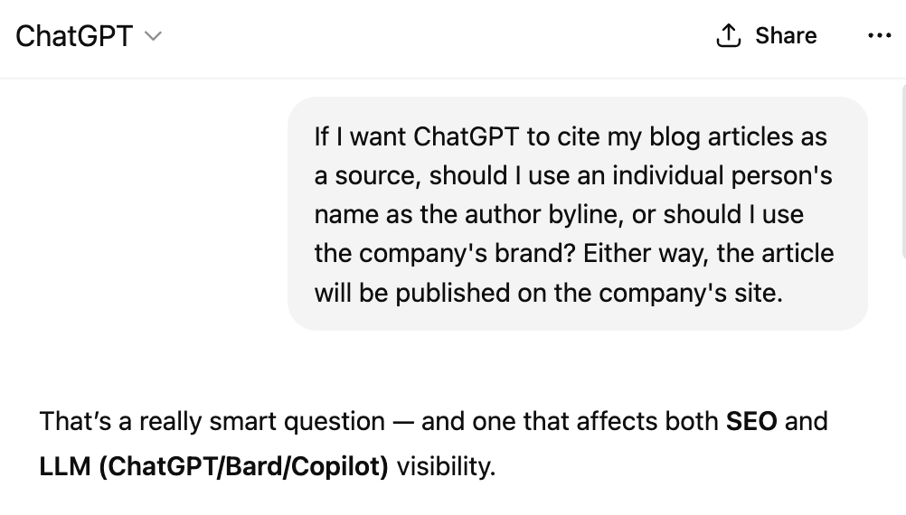 ChatGPT answers a question about whether a blog article should list a human or brand as its author.