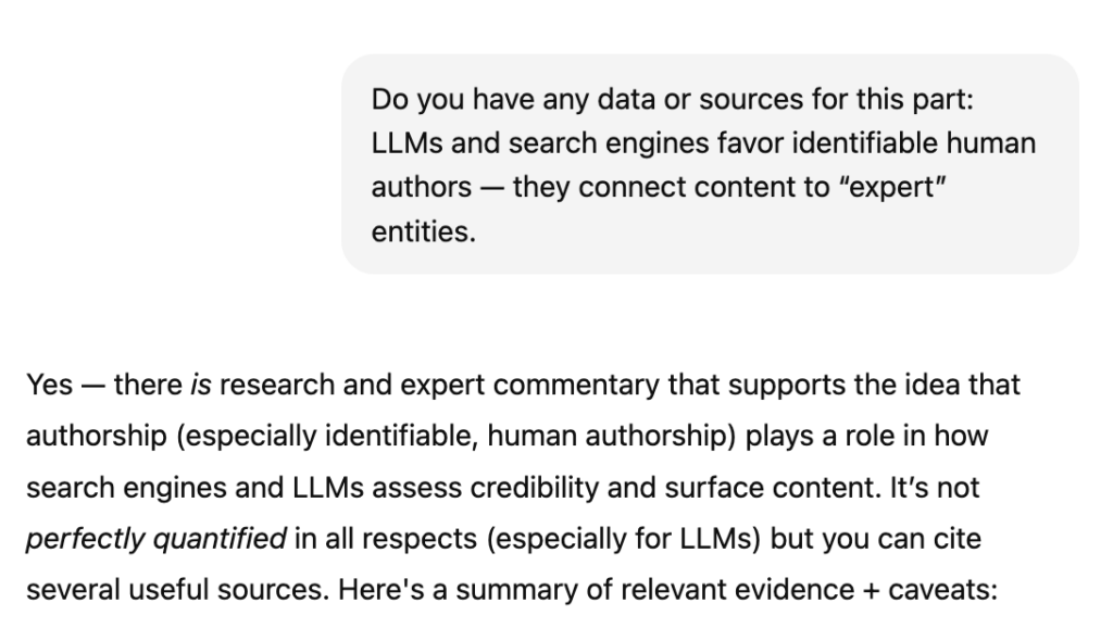ChatGPT responds that it has sources for its claim that LLMs favor human authors.
