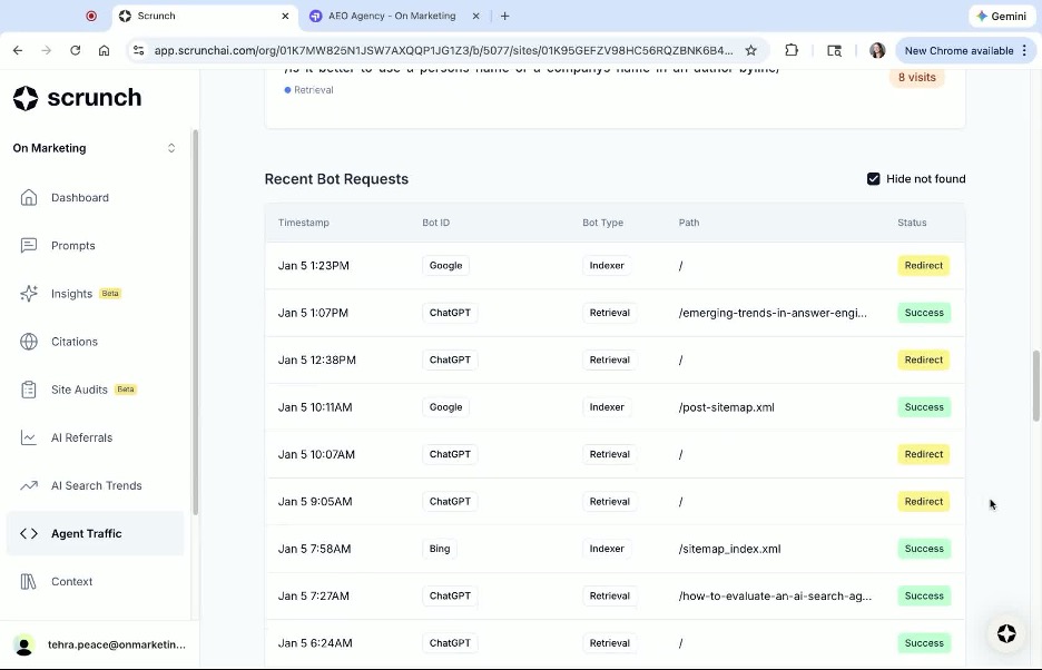 Recent bot requests in Scrunch Agent Traffic
